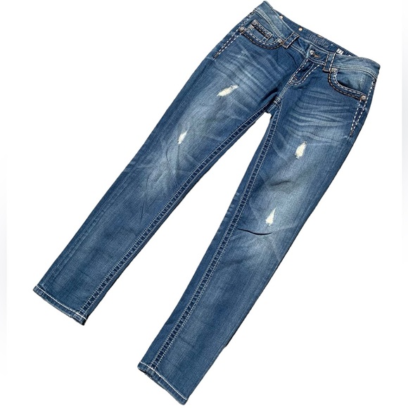 Y2K Miss Me Women’s Cuffed Skinny Fit Embroidered Medium Blue Wash Jeans Size 27 - Picture 1 of 7